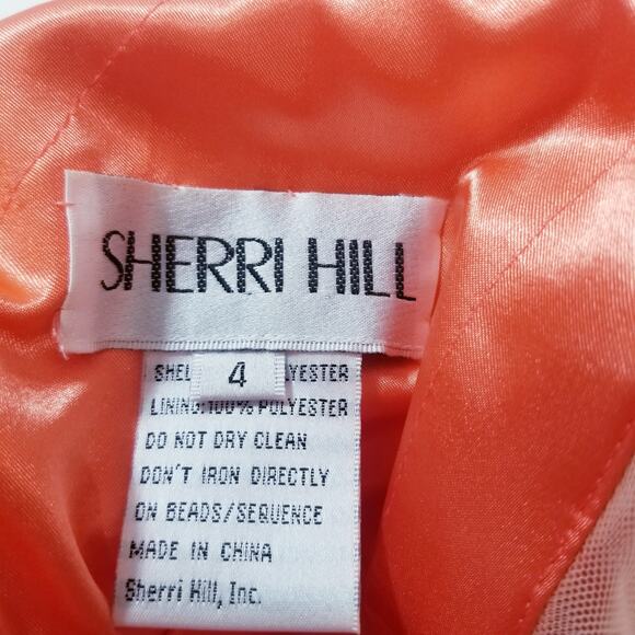 Sherri Hill Coral Formal Dress with Ruffles Fit & Flare Side Sheer Pockets - Picture 3 of 12
